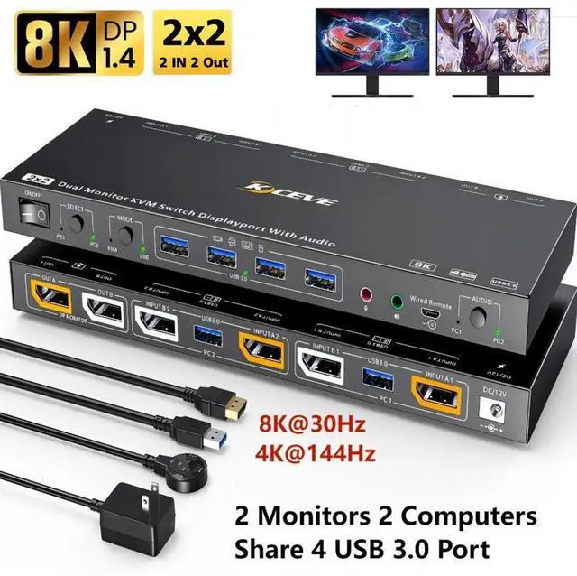 Main image of USB 3.0 Displayport KVM Switch 2 Monitors 2 Computers 8K@30Hz 4K@144Hz, Dual Monitor Displayport1.4 KVM Switches with Audio and 4 USB3.0 Port for USB Device,Wired Remote and USB3.0 Cables Included