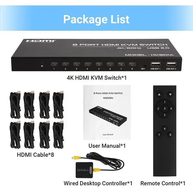Alt view image 7 of 7 - WRIARICH 8 Port HDMI KVM Switch 8 in 1 Out, 4K @60Hz HDMI KVM Switch for 8 PCs Share 1 Monitor and 4 USB Devices, Including 8 HDMI KVM Cables and IR Remote Control giyqxHw