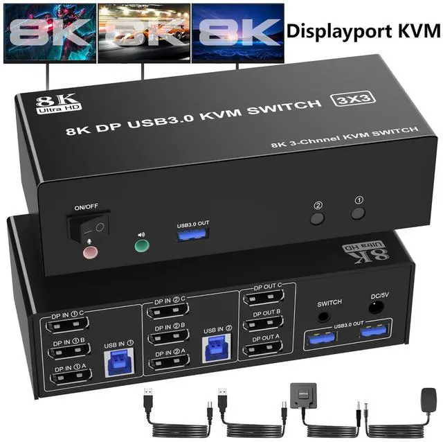 Main image of Displayport USB 3.0 KVM Switch 3 Monitors 2 Computers, 8K@60Hz DP1.4 Triple Monitor KVM Switch with Audio Microphone Output and 3 USB 3.0 Ports, 8K DP KVM Triple Monitor Keyboard Mouse Switcher