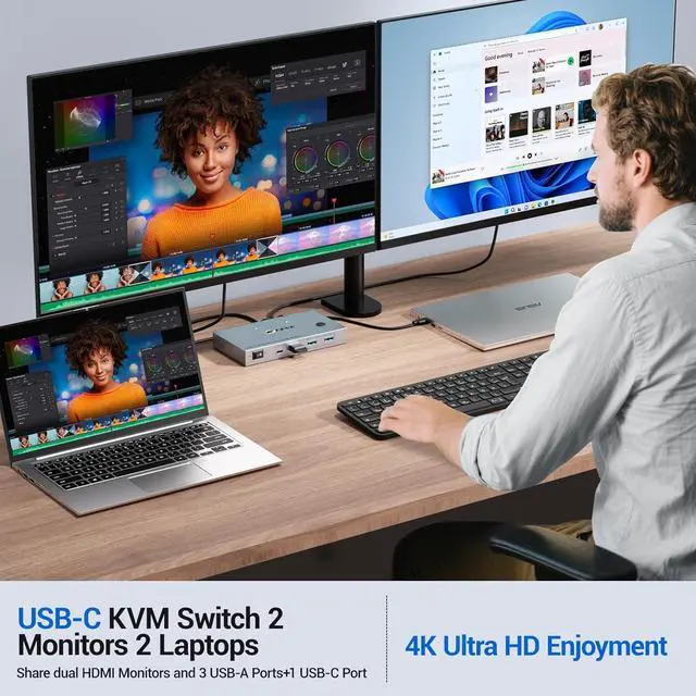 Alt view image 2 of 7 - WRIARICH USB-C KVM Switch 2 Monitors 2 Laptops 4K@60Hz, USB C KVM Switch Dual Monitor HDMI for 2 laptops to Share 2 Monitor and 4 USB3.0 Devices, 80W PD Charging, Wired Remote and Cables Included