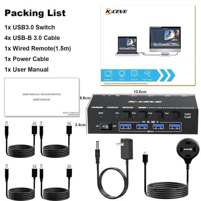 Alt view image 7 of 7 - USB 3.0 KVM Switch HDMI 4 Port, 8K@60Hz 4K@144Hz, EDID Simulation KVM Switch 4 Computers Share 1 Monitor and 4 USB Devices, Keyboard Mouse Switch with USB Cables, Wired Control and Power Supply
