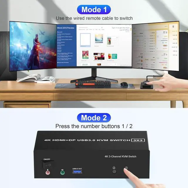 Alt view image 6 of 7 - 2 HDMI + 1 Displayport KVM Switch 3 Monitor 2 Computers, 4K@60Hz Triple Monitor KVM Switch with Audio Microphone Output and 3 USB 3.0 Ports, 2 Computers Share 3 Monitors Keyboard Mouse Switcher