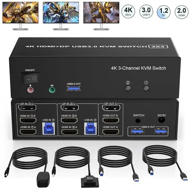 Main image of 2 HDMI + 1 Displayport KVM Switch 3 Monitor 2 Computers, 4K@60Hz Triple Monitor KVM Switch with Audio Microphone Output and 3 USB 3.0 Ports, 2 Computers Share 3 Monitors Keyboard Mouse Switcher