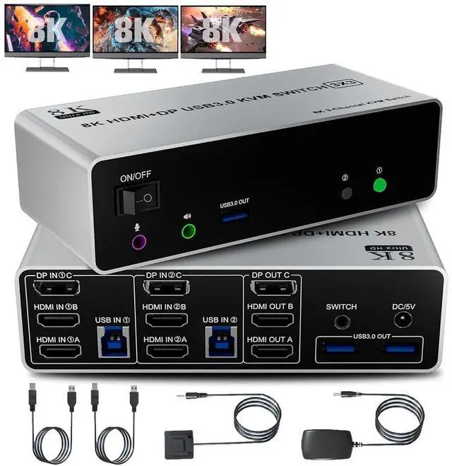 Main image of 8K@60Hz KVM Switch 3 Monitors 2 Computers 4K@144Hz, 2 HDMI+Displayport KVM Switch Triple Monitor for 2 Computer Share 3 Monitor, Audio Mic Port & 3 USB3.0 Devices, Wired Remote & 5V Power Adapter