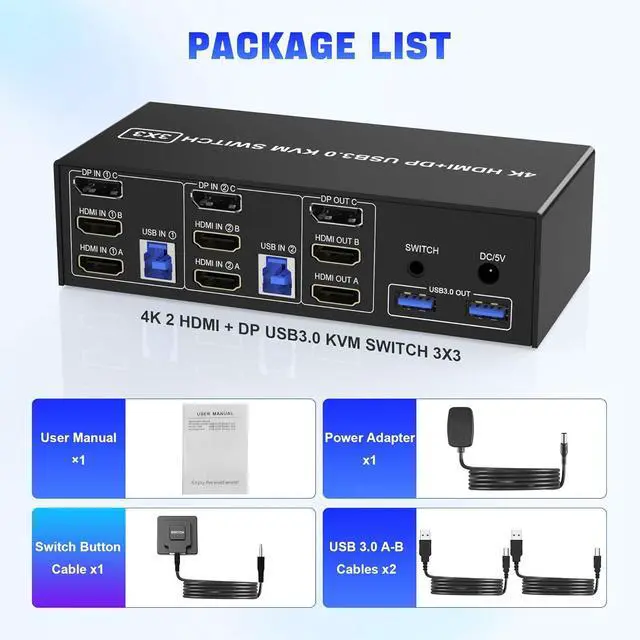 Alt view image 7 of 7 - 2 HDMI + 1 Displayport KVM Switch 3 Monitor 2 Computers, 4K@60Hz Triple Monitor KVM Switch with Audio Microphone Output and 3 USB 3.0 Ports, 2 Computers Share 3 Monitors Keyboard Mouse Switcher