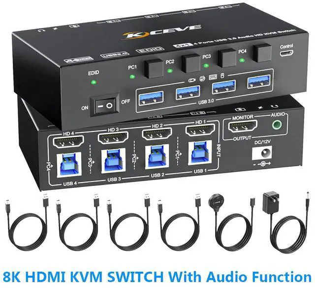 Main image of HDMI KVM Switch 4 Computers 8K@60Hz 4K@144Hz, Simulation EDID, 4 Ports HDMI USB 3.0 KVM Switches with Audio for 4 Computer Share 1 Monitor and Keyboard Mouse, Wired Remote, Power Adapter Included