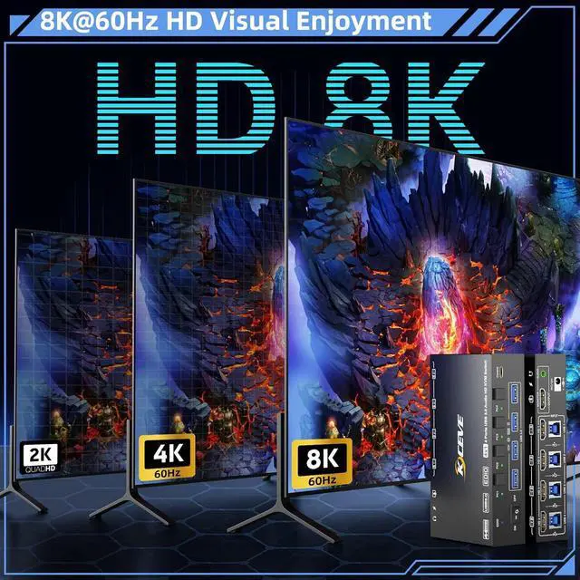 Alt view image 3 of 7 - HDMI KVM Switch 4 Computers 8K@60Hz 4K@144Hz, Simulation EDID, 4 Ports HDMI USB 3.0 KVM Switches with Audio for 4 Computer Share 1 Monitor and Keyboard Mouse, Wired Remote, Power Adapter Included