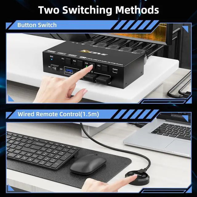 Alt view image 5 of 7 - HDMI KVM Switch 4 Computers 8K@60Hz 4K@144Hz, Simulation EDID, 4 Ports HDMI USB 3.0 KVM Switches with Audio for 4 Computer Share 1 Monitor and Keyboard Mouse, Wired Remote, Power Adapter Included