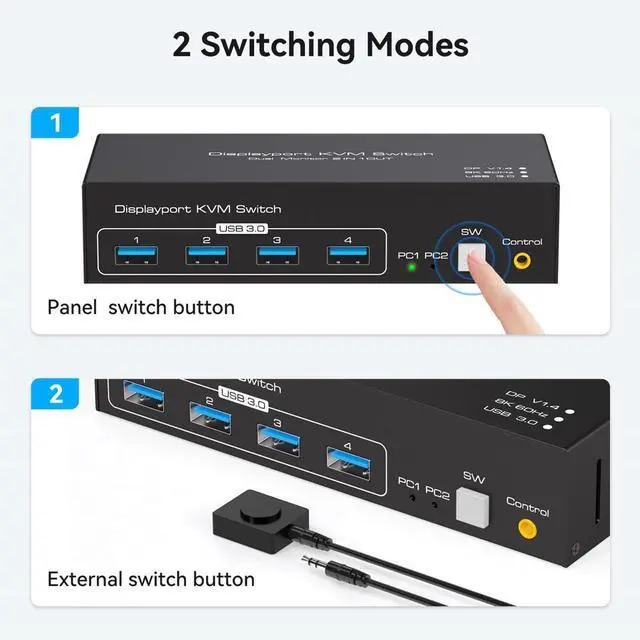 Alt view image 6 of 7 - Dual Monitor DisplayPort KVM Switch 2 in 2 Out, 2 Port Displayport 1.4 KVM Switch for 2 Computers 2 Monitors Share Keyboard Mouse Printer Support 8K@60Hz with 4 Port USB 3.0 Support Desktop Control