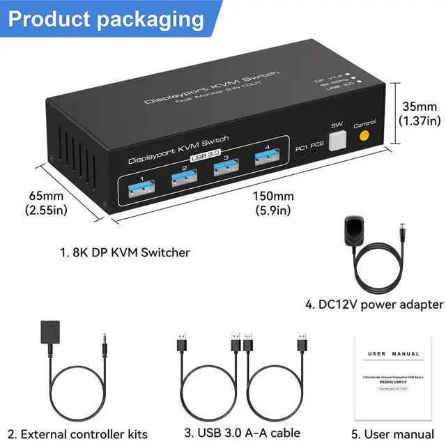 Alt view image 7 of 7 - Dual Monitor DisplayPort KVM Switch 2 in 2 Out, 2 Port Displayport 1.4 KVM Switch for 2 Computers 2 Monitors Share Keyboard Mouse Printer Support 8K@60Hz with 4 Port USB 3.0 Support Desktop Control