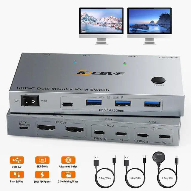 Main image of 4K@60Hz Dual Laptop USB C HDMI KVM Switch, Dual Monitor HDMI KVM Switch for 2 Laptops Share 2 Monitors and 4 USB 3.0 Devices & PD 80W Charging, Plug & Play, with Wired Remote & 2 USB-C 3.1 Cables