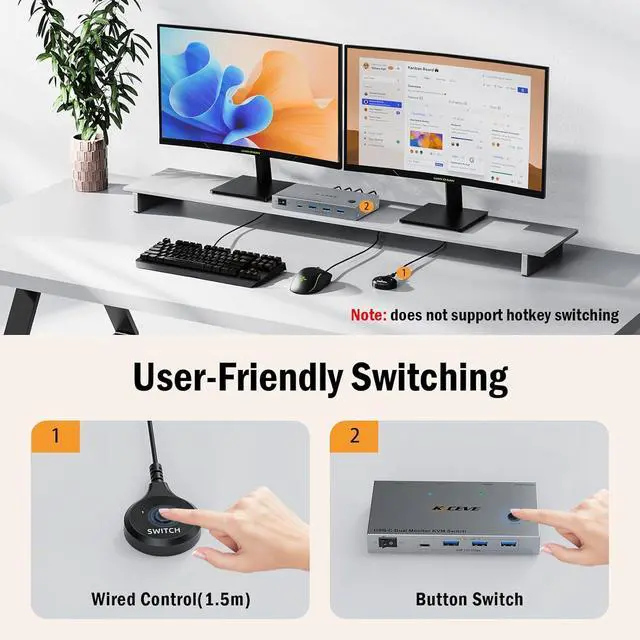 Alt view image 5 of 7 - 4K@60Hz Dual Laptop USB C HDMI KVM Switch, Dual Monitor HDMI KVM Switch for 2 Laptops Share 2 Monitors and 4 USB 3.0 Devices & PD 80W Charging, Plug & Play, with Wired Remote & 2 USB-C 3.1 Cables