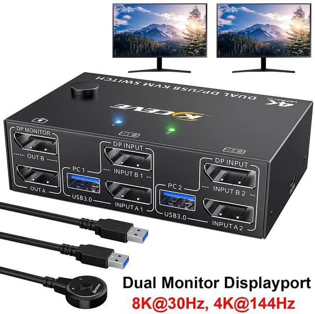Main image of WRIARICH USB 3.0 Displayport KVM Switch 2 Monitors 2 Computers 8K@30Hz 4K@144Hz, Dual Monitor Displayport 1.4 KVM Switches with 4 USB 3.0 Port for USB Device,Wired Remote and USB Cables Included