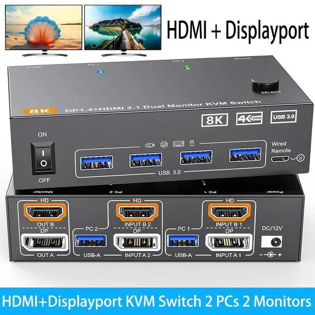 Main image of 2 Port HDMI + Displayport Dual Monitor KVM Switch, 8K@60Hz 4K@144Hz HDMI+DP USB 3.0 KVM Switch Extended Display 2 Monitors 2 Computers with 4 USB 3.0 Ports, USB Cables & Wired Controller included