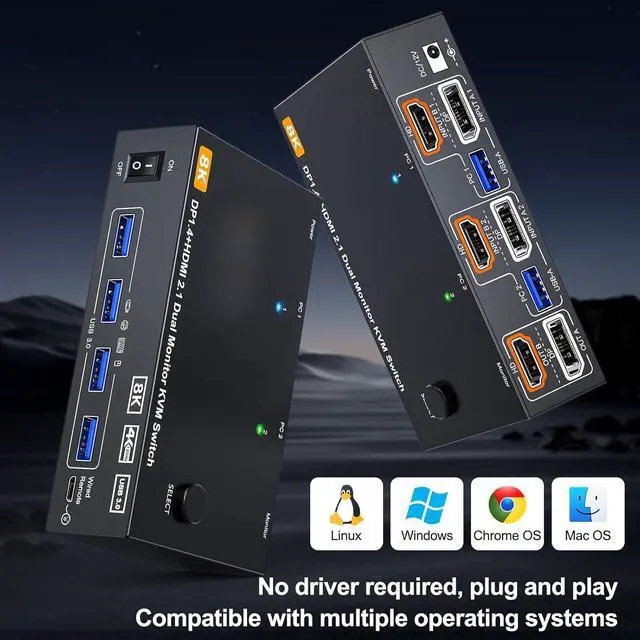 Alt view image 7 of 7 - 2 Port HDMI + Displayport Dual Monitor KVM Switch, 8K@60Hz 4K@144Hz HDMI+DP USB 3.0 KVM Switch Extended Display 2 Monitors 2 Computers with 4 USB 3.0 Ports, USB Cables & Wired Controller included