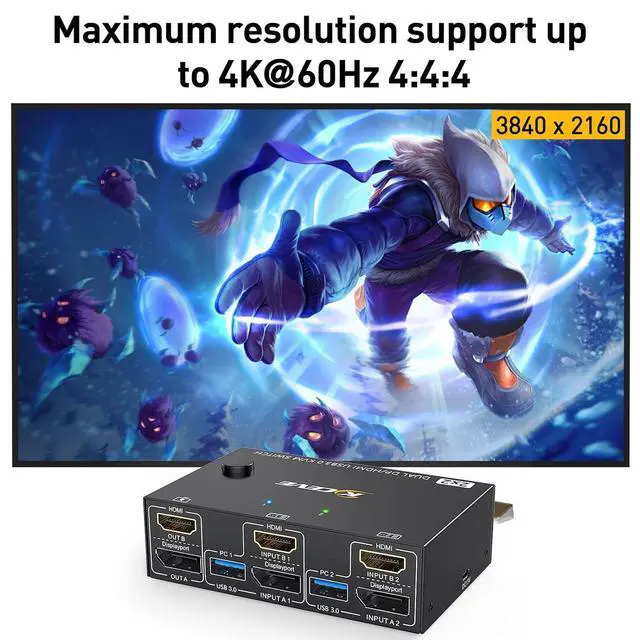 Alt view image 4 of 7 - WRIARICH Dual Monitor HDMI+DP KVM Switch 4K@60Hz, USB 3.0 HDMI + Displayport KVM Switch for 2 Computer Share 2 Monitor and 4 USB 3.0 Devices Keyboard Mouse, Wired Remote and 4 Cables Included