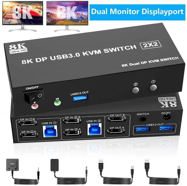 Main image of 8K@60Hz USB 3.0 Displayport KVM Switch 2 Monitors 2 Computers, DP 1.4 Dual Monitor KVM Switches for 2 PCs Share 2 Monitors and 3 USB Devices with Audio Microphone, Support Extended & Mirror Mode