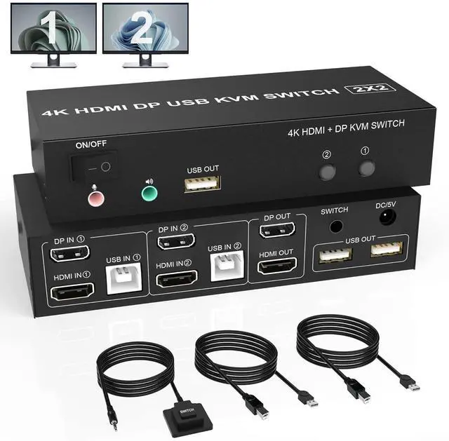 Main image of Dual Monitor HDMI + DP KVM Switch 2x2, DisplayPort and HDMI 4K@60Hz Extended Display KVM Switch 2 Monitors 2 Computers with Audio Microphone Output and 3 USB Ports, PC Monitor Keyboard Mouse Switcher