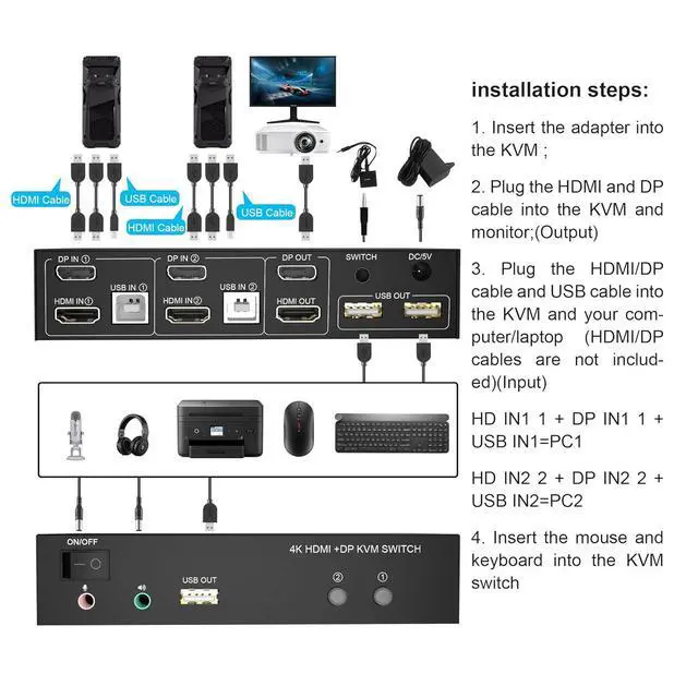 Alt view image 2 of 7 - Dual Monitor HDMI + DP KVM Switch 2x2, DisplayPort and HDMI 4K@60Hz Extended Display KVM Switch 2 Monitors 2 Computers with Audio Microphone Output and 3 USB Ports, PC Monitor Keyboard Mouse Switcher