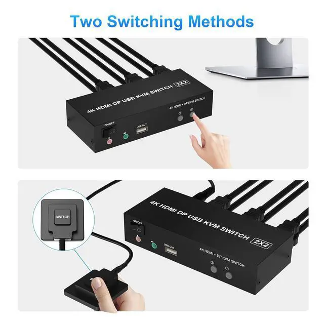 Alt view image 6 of 7 - Dual Monitor HDMI + DP KVM Switch 2x2, DisplayPort and HDMI 4K@60Hz Extended Display KVM Switch 2 Monitors 2 Computers with Audio Microphone Output and 3 USB Ports, PC Monitor Keyboard Mouse Switcher