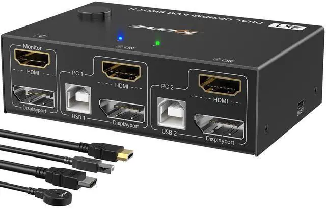 Main image of WRIARICH 2 Port Dual Monitor KVM Switch HDMI+DisplayPort 4K @60Hz, 2K @120Hz HDMI DP Extended Display Switcher for 2 PC Share 2 monitors and 4 USB 2.0 ports, Wired remote and 4 cables included