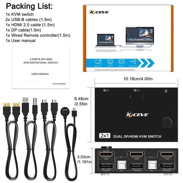 Alt view image 7 of 7 - WRIARICH 2 Port Dual Monitor KVM Switch HDMI+DisplayPort 4K @60Hz, 2K @120Hz HDMI DP Extended Display Switcher for 2 PC Share 2 monitors and 4 USB 2.0 ports, Wired remote and 4 cables included