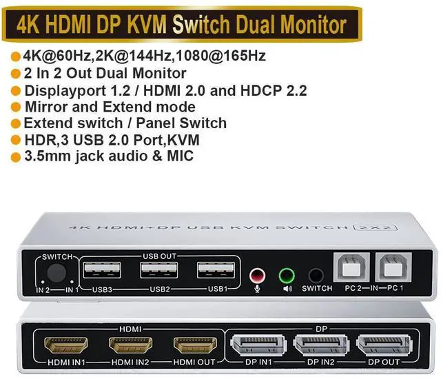 Main image of Dual Monitor HDMI Displayport KVM Switch, 2 Port Extended Display 2 in 2 Out KVM Switch, UHD 4K@60Hz RGB 4:4:4, USB Hub, Audio, Button Switching, DP HDMI KVM Switcher for 2 Computers 2 Monitors