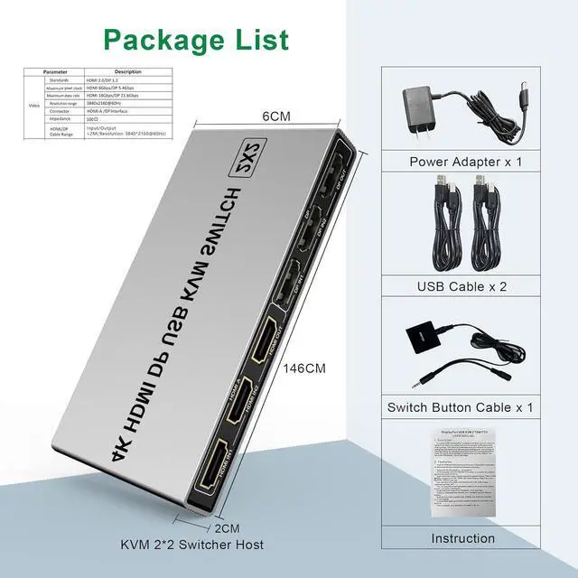 Alt view image 6 of 7 - Dual Monitor HDMI Displayport KVM Switch, 2 Port Extended Display 2 in 2 Out KVM Switch, UHD 4K@60Hz RGB 4:4:4, USB Hub, Audio, Button Switching, DP HDMI KVM Switcher for 2 Computers 2 Monitors