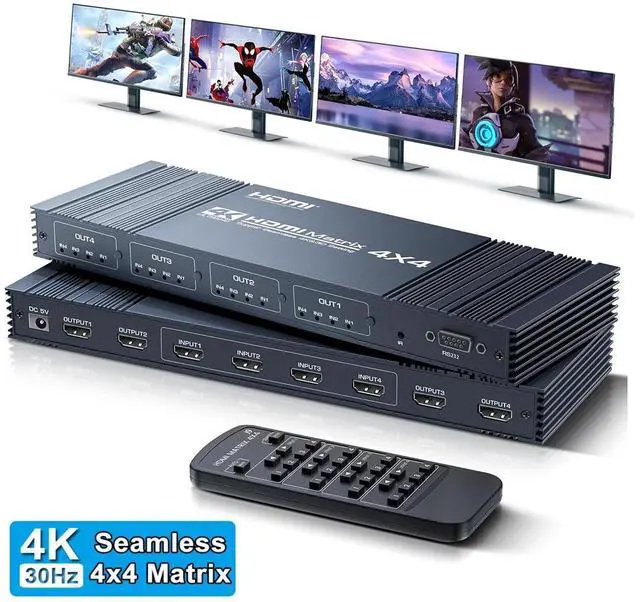 Main image of WRIARICH 4x4 HDMI Matrix Switch 4K@30Hz, 4 in 4 Out HDMI Switches with Remote Supports HDR, 3D, HDMI 1.4, HDCP 1.4, Downscaler 4K & 1080P, 4 Way HDMI Splitter Switch for Fire TV Stick, Xbos, PS4/5