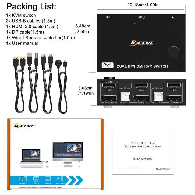 Alt view image 7 of 7 - 2 Port Dual Monitor Displayport HDMI KVM Switch 4K@60Hz, HDMI DP Extended Display Switcher for 2 Computers Share 2 Monitors (DP+HDMI Port) with 4 USB 2.0 Hub, Desktop Controller and USB HDMI DP Cables