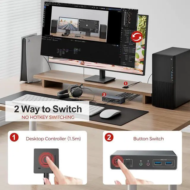 Alt view image 4 of 7 - HDMI KVM Switch 2 Monitors 2 Computers 4K@60Hz USB 3.0 KVM Switches Share Dual HDMI Monitors 3 USB Ports for Keyboard Mouse Hard Drives Mic Headset Ports 2 USB-B Cable DC 5V Adapter Controller