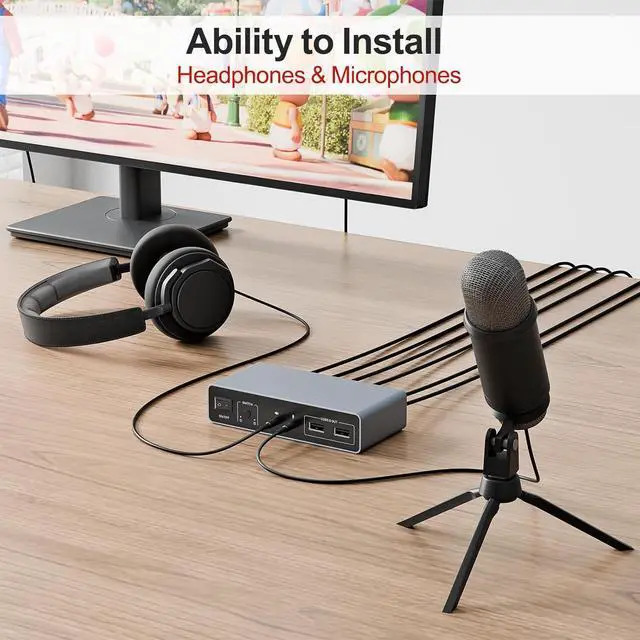 Alt view image 7 of 7 - HDMI KVM Switch 2 Monitors 2 Computers 4K@60Hz USB 3.0 KVM Switches Share Dual HDMI Monitors 3 USB Ports for Keyboard Mouse Hard Drives Mic Headset Ports 2 USB-B Cable DC 5V Adapter Controller