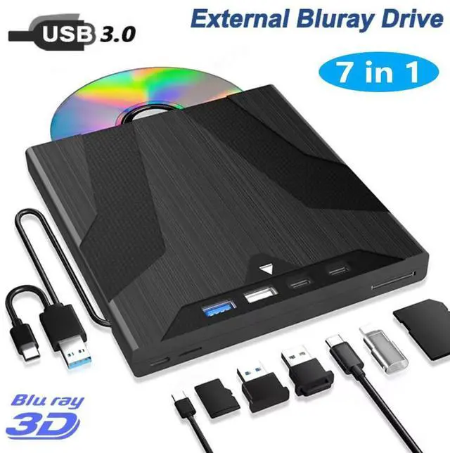 Main image of External Blu Ray Drive for Laptops, 7-in-1 USB 3.0 Type-C Blu ray CD DVD Drive with 4 USB & SD/TF Slot Ports, Portable 3D BD Disc Reader CD DVD -/+RW Burner Compatible with Windows Linux Mac OS