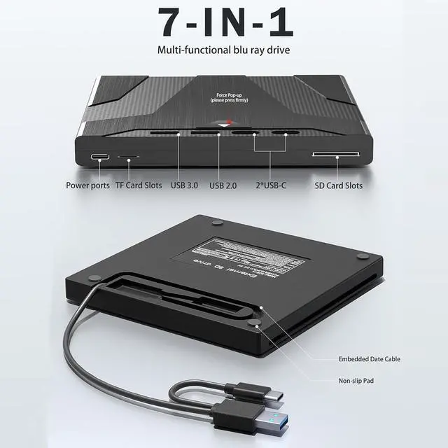 Alt view image 3 of 7 - External Blu Ray Drive for Laptops, 7-in-1 USB 3.0 Type-C Blu ray CD DVD Drive with 4 USB & SD/TF Slot Ports, Portable 3D BD Disc Reader CD DVD -/+RW Burner Compatible with Windows Linux Mac OS