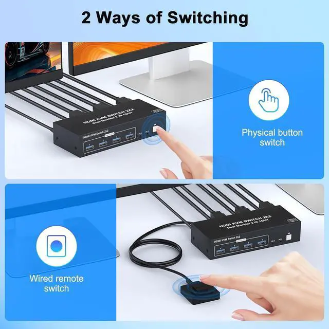 Alt view image 4 of 6 - 4K HDMI KVM Switch 2 Monitors 2 Computers 4K@60Hz, Dual Monitor KVM Switcher 2PC Extended Display for 2 Computers Share 4 USB 3.0 Devices Keyboard Mouse Hard Drives Printer with Desktop Controller