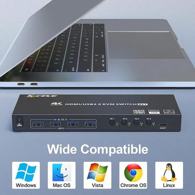 Alt view image 6 of 6 - 4 Port USB 3.0 HDMI KVM Switch Support 4K@60Hz 2K@120Hz RGB 4:4:4 Simulation EDID, HDMI Switch 4 in 1 Out with 4 USB 3.0 Port for Keyboard Mouse Printer,with Controller, USB3.0 Cables and HD-MI Cables