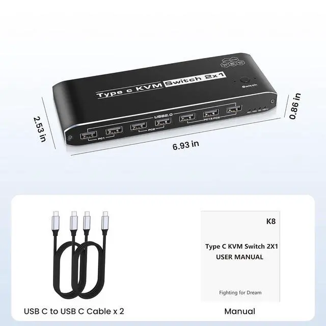 Alt view image 6 of 6 - 8K USB C KVM Swith 2 in 1 Out, Type C to Displayport or HDMI KVM Switch for 2 Computers Share 1 Monitor with 7 USB2.0 Devies with PD Charging/3.5mm audio/RJ45 Network, Compatible with Thinderbolt 3/4