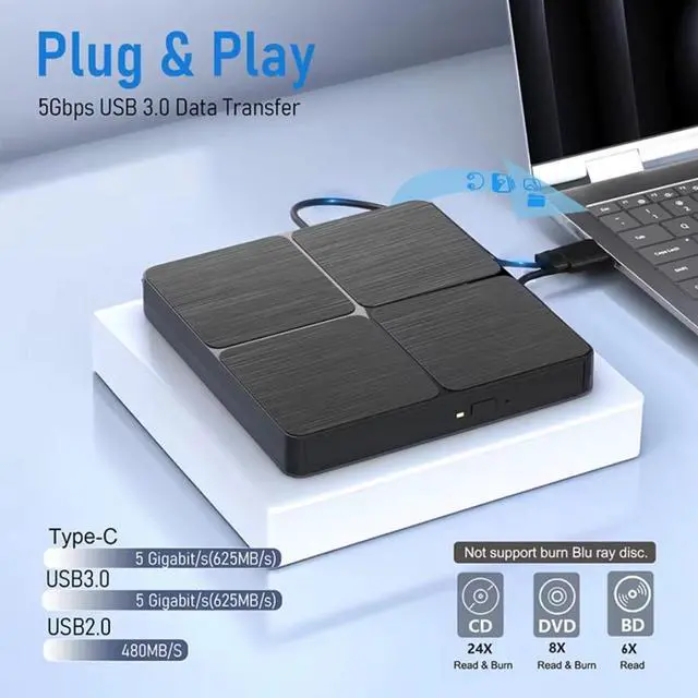 Alt view image 2 of 7 - WRIARICH External Blu ray Drive for Laptops, External Bluray CD DVD Burner, External Blueray/DVD Drive for PC, External CD DVD Blu Ray Reader Writer Compatible with Windows XP/7/8/10/11, Linux, Mac OS