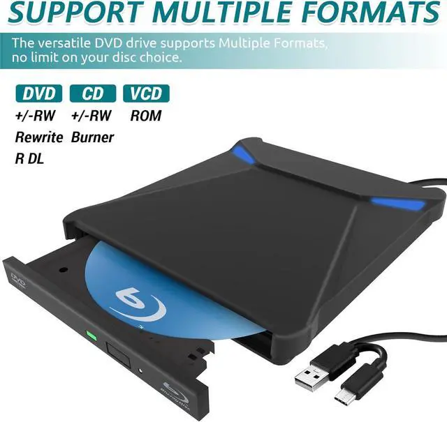 Alt view image 6 of 7 - External Blu-Ray Drive for Laptops, USB 3.0 & Type-C 3D Blu Ray Burner Writer BD Drive CD DVD Drive Player, Slim Optical External Bluray CD DVD Drive Reader for Windows XP/7/8/10/11, MacOS giyqxHw