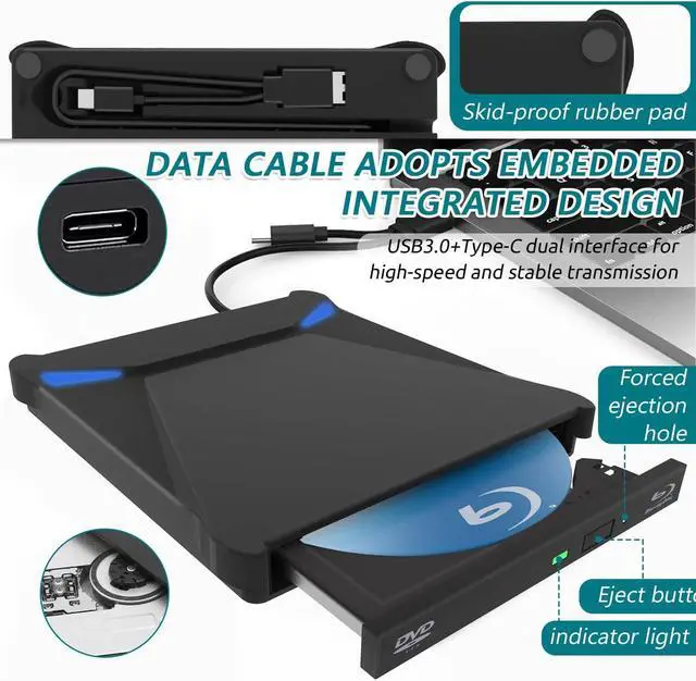 Alt view image 7 of 7 - External Blu-Ray Drive for Laptops, USB 3.0 & Type-C 3D Blu Ray Burner Writer BD Drive CD DVD Drive Player, Slim Optical External Bluray CD DVD Drive Reader for Windows XP/7/8/10/11, MacOS giyqxHw
