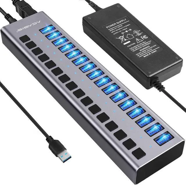 Main image of WRIARICH Powered USB Hub 16 Ports USB 3.0 Data Hub with Individual On/Off Switches and 12V7.5A 90W Power Adapter USB Hub 3.0 Splitter for Laptop, PC, Computer, Mobile HDD, Flash Drive and More