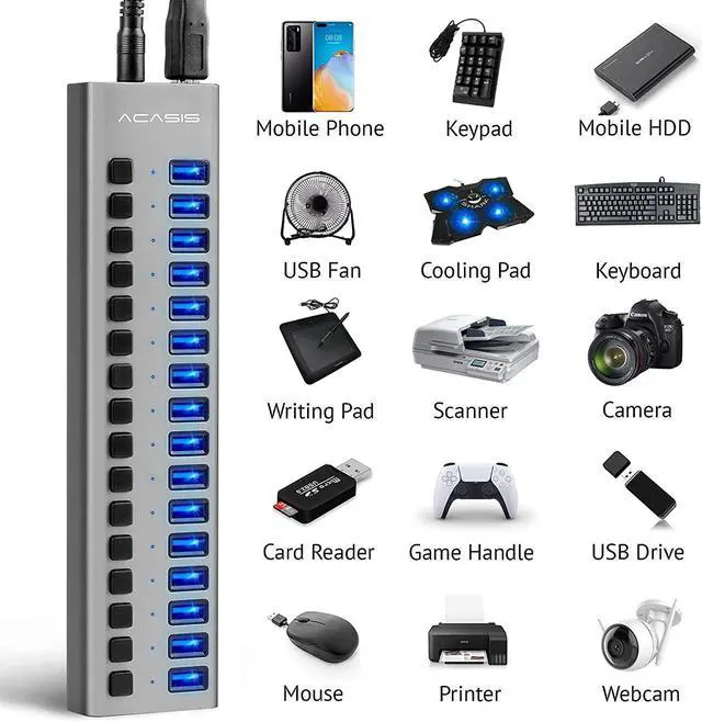 Alt view image 4 of 7 - WRIARICH Powered USB Hub 16 Ports USB 3.0 Data Hub with Individual On/Off Switches and 12V7.5A 90W Power Adapter USB Hub 3.0 Splitter for Laptop, PC, Computer, Mobile HDD, Flash Drive and More