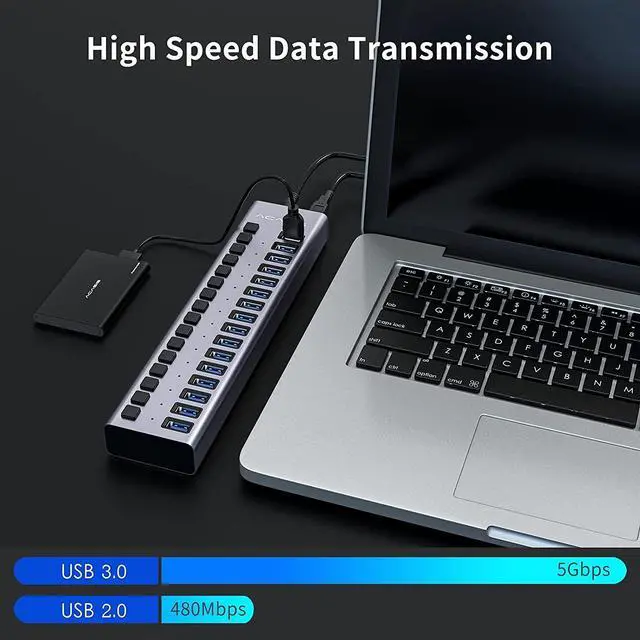Alt view image 5 of 7 - WRIARICH Powered USB Hub 16 Ports USB 3.0 Data Hub with Individual On/Off Switches and 12V7.5A 90W Power Adapter USB Hub 3.0 Splitter for Laptop, PC, Computer, Mobile HDD, Flash Drive and More