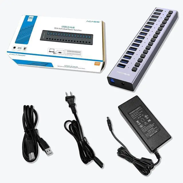 Alt view image 7 of 7 - WRIARICH Powered USB Hub 16 Ports USB 3.0 Data Hub with Individual On/Off Switches and 12V7.5A 90W Power Adapter USB Hub 3.0 Splitter for Laptop, PC, Computer, Mobile HDD, Flash Drive and More