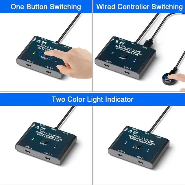 Alt view image 6 of 7 - USB C Switch,2 in 1 Out/1 in 2 Out Bi-Directional USB C Switcher Selector for 2 Laptops Share 1 USB Device, 8K@60Hz/10Gbps Data Transfer/100W Charging,Come with Wired Control and 2 UBS C Cables