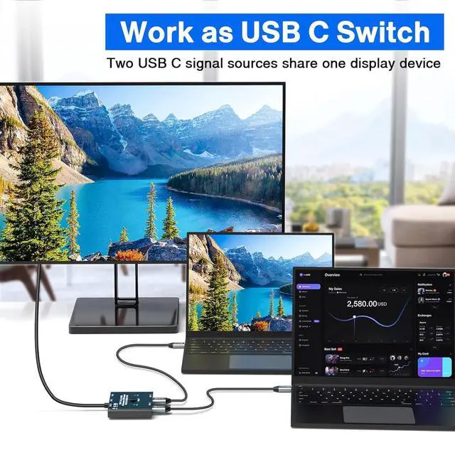 Alt view image 2 of 7 - USB C Switch,2 in 1 Out/1 in 2 Out Bi-Directional USB C Switcher Selector for 2 Laptops Share 1 USB Device, 8K@60Hz/10Gbps Data Transfer/100W Charging,Come with Wired Control and 2 UBS C Cables
