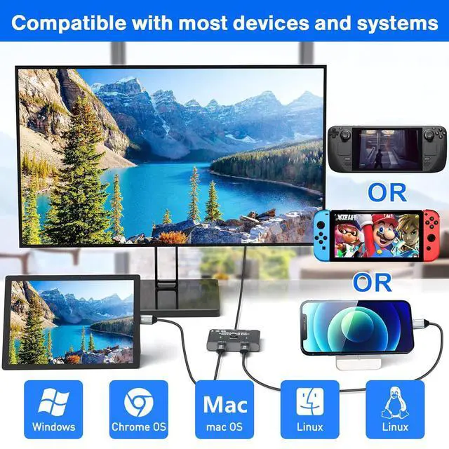 Alt view image 7 of 7 - USB C Switch,2 in 1 Out/1 in 2 Out Bi-Directional USB C Switcher Selector for 2 Laptops Share 1 USB Device, 8K@60Hz/10Gbps Data Transfer/100W Charging,Come with Wired Control and 2 UBS C Cables