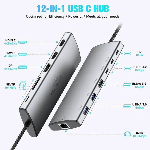 Alt view image 2 of 7 - USB C Hub Docking Station, Dual Monitor 12 in 1 Triple Display Multiport Type C Adapter with 2 HDMI, 4K DP, 3 USB 3.2 10Gbps, 2 USB 3.0 Port, 100W PD, Gigabit Ethernet, SD/TF for MacBook, Laptops