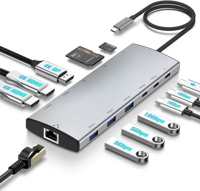 Main image of USB C Hub Docking Station, Dual Monitor 12 in 1 Triple Display Multiport Type C Adapter with 2 HDMI, 4K DP, 3 USB 3.2 10Gbps, 2 USB 3.0 Port, 100W PD, Gigabit Ethernet, SD/TF for MacBook, Laptops