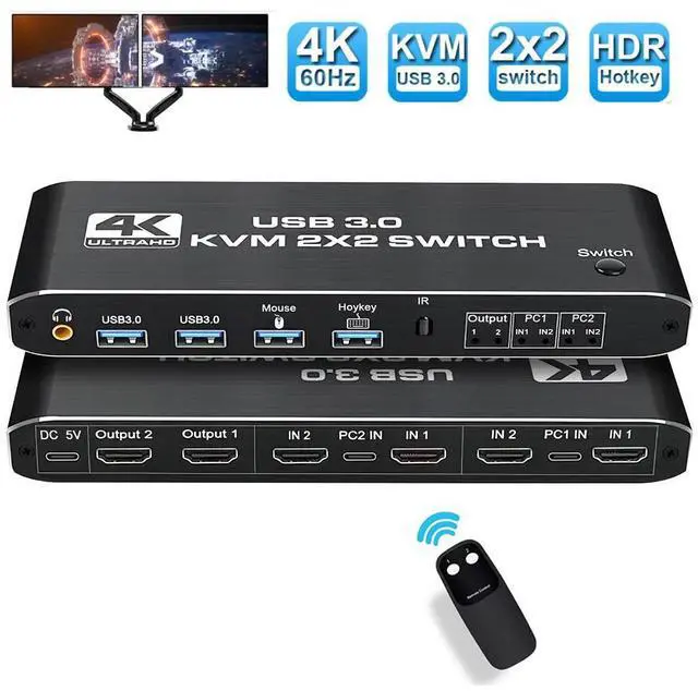 Main image of WRIARICH 2 in 2 Out 4K HDMI 2.0 KVM Switch with 3.5mm Jack Audio Output, USB 3.0 HDMI KVM Switch 2x2 for 2 Computers and 2 Monitors 4K @60Hz with 3 Display Method, Hot Key Switching, IR Control